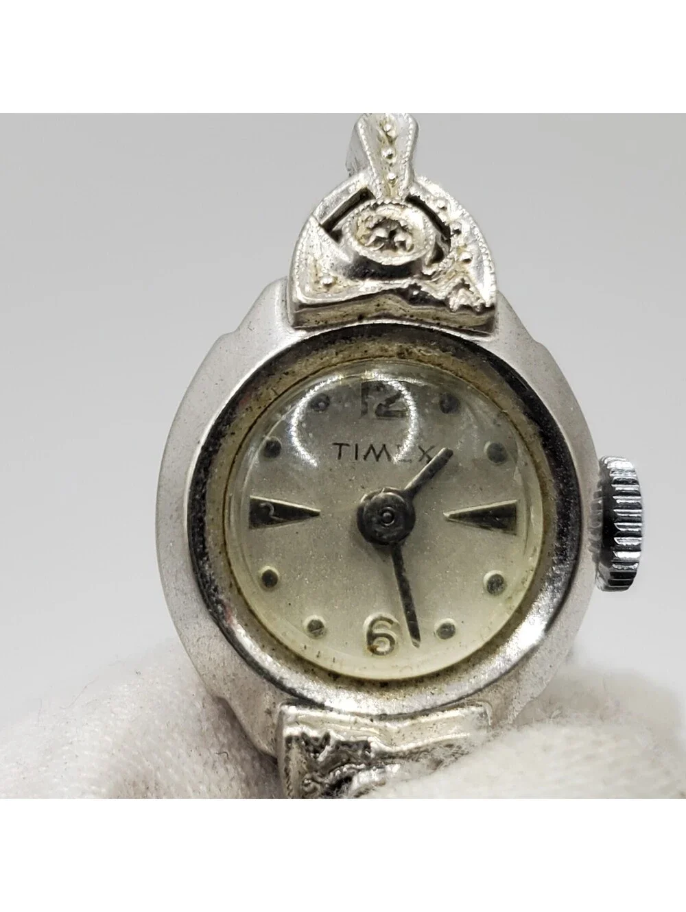 Vintage Timex Rhodium Plate Bezel Mechanical Watch Women For Parts Or Repair